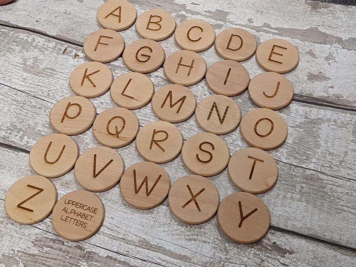 Haoser Alphabet A-Z Uppercase Lowercase Discs and Tokens - Montessori Toys - Flashcards - Wooden Toy - Learning Discs - Story Discs Play - Haoser