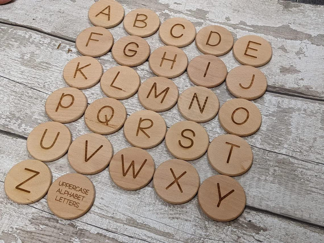 Haoser Alphabet A-Z Uppercase Lowercase Discs and Tokens - Montessori Toys - Flashcards - Wooden Toy - Learning Discs - Story Discs Play - Haoser