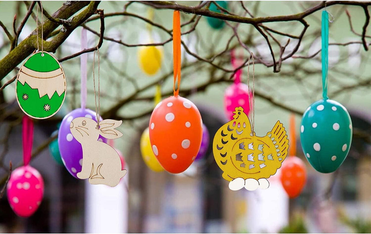 Haoser 12PCS Easter Wood Cutouts for Crafts Easter Unfinished Ornaments DIY with Bunny to Paint for Kids Easter Party Decorations Decor Hanging Egg Shapes with Hole. - Haoser