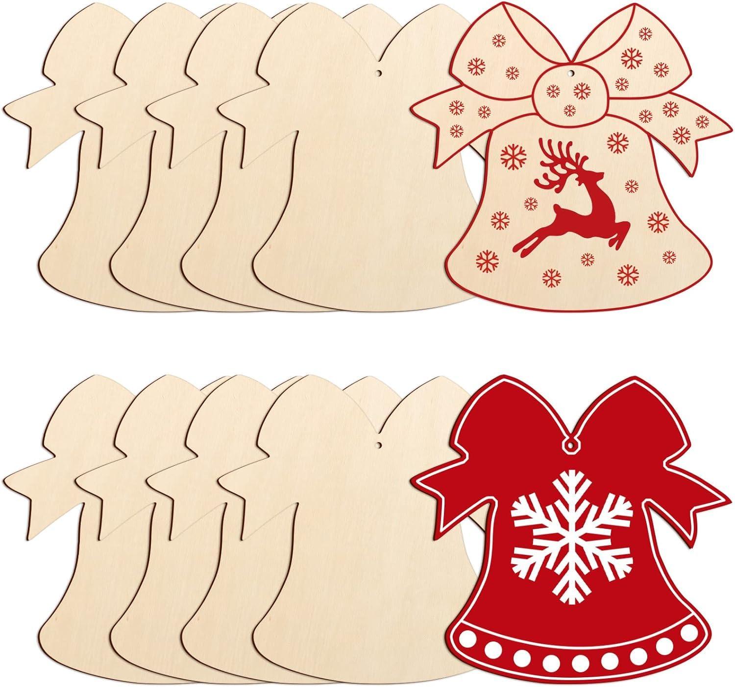 Curious Button 5 Pieces Unfinished Wooden 2Bell Style Hanging Ornament for DIY Home Decoration, MDF Cutouts, Perfect Wooden Cutouts for Home Decor, Charming Wooden Hanging Ornaments (6.85X6.53IN) - Haoser