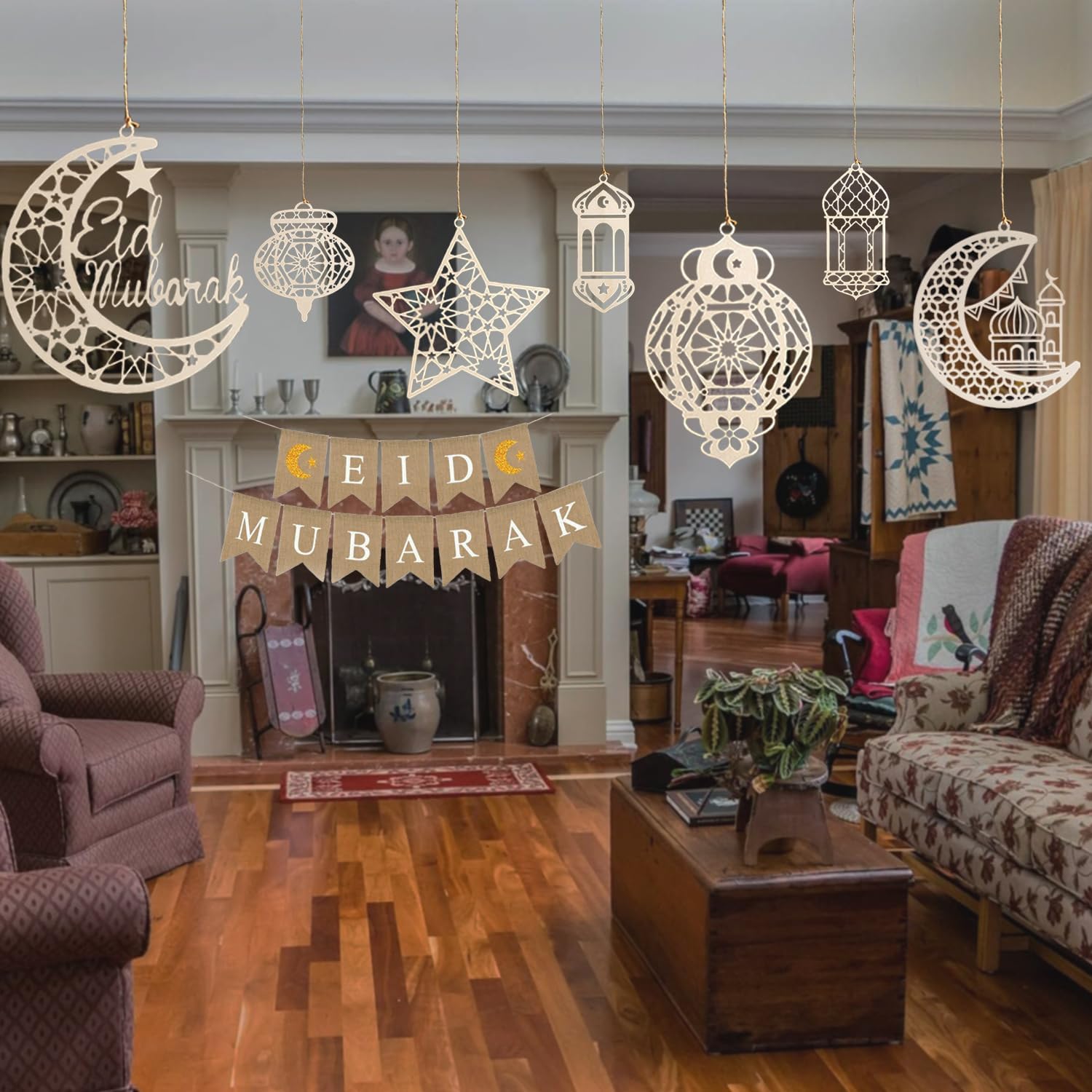 Eid Wooden Pendant Moon & Star Wind Light Decor – Ramadan MDF Hanging Ornaments