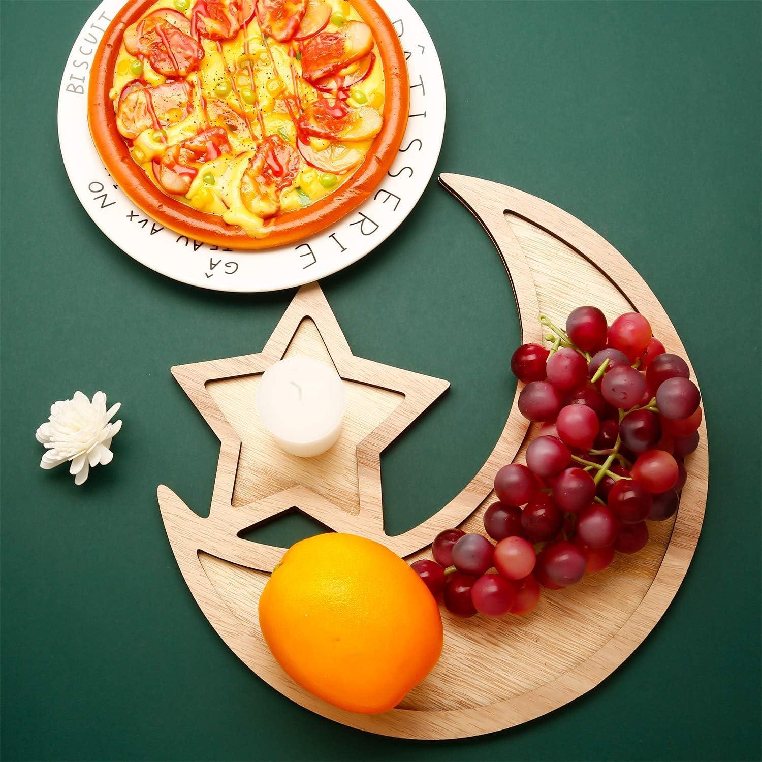 Haoser 2 Sets Ramadan Wood Tray Moon Wooden Star Tableware Eid Mubarak Party Serving Tableware for Breakfast Dinner Dessert Pastry Display Holder Decoration Ornament - Haoser