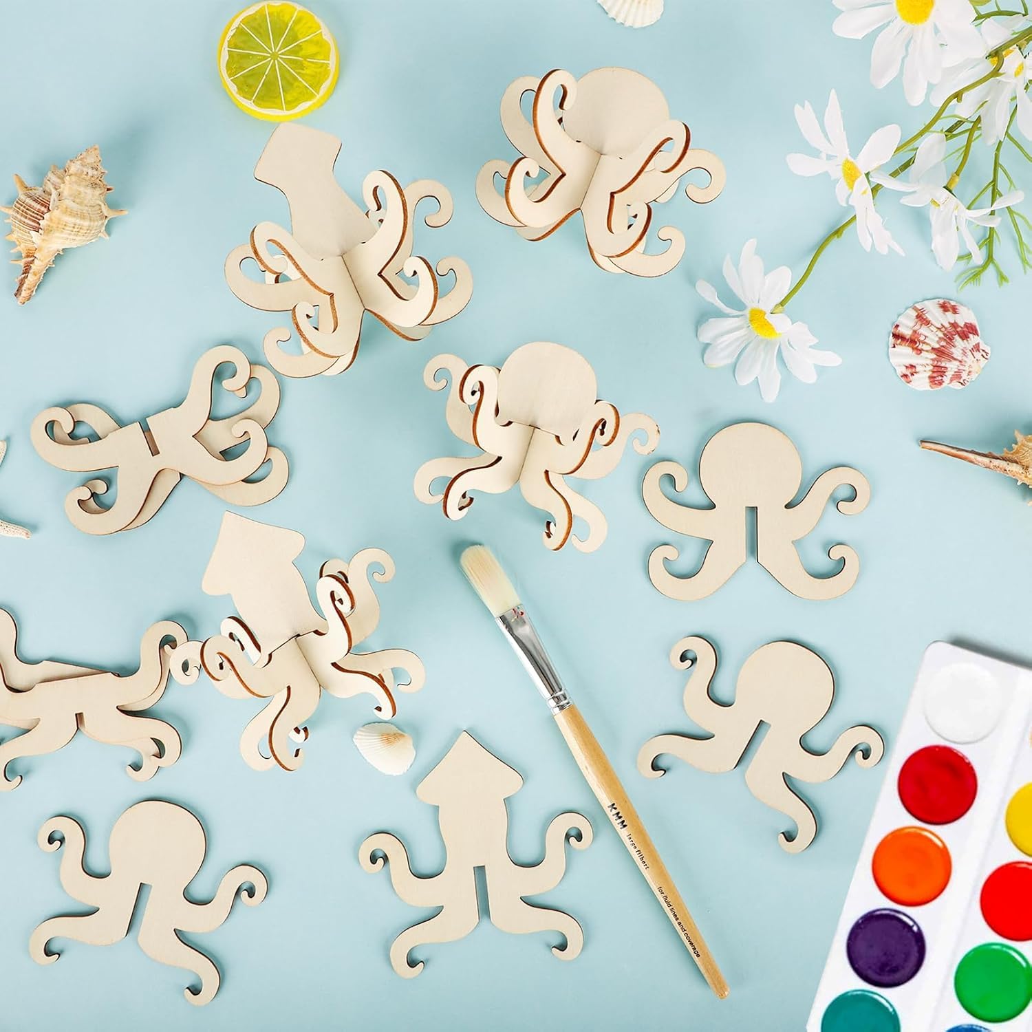 12 PCS DIY 3D Ocean Theme MDF Wooden Cutouts for Painting | Octopus Squid Craft Shapes
