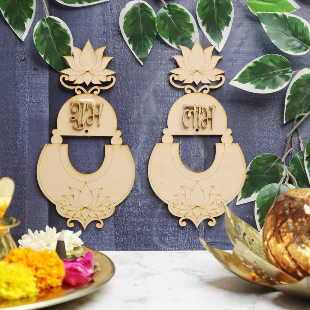 Pair of 6 Wooden Shubh Labh for Diwali Decor – 6 Shubh 6 Labh MDF Cutouts Wall Hanging Pooja Festival Decoration, 4x3.15 Inch
