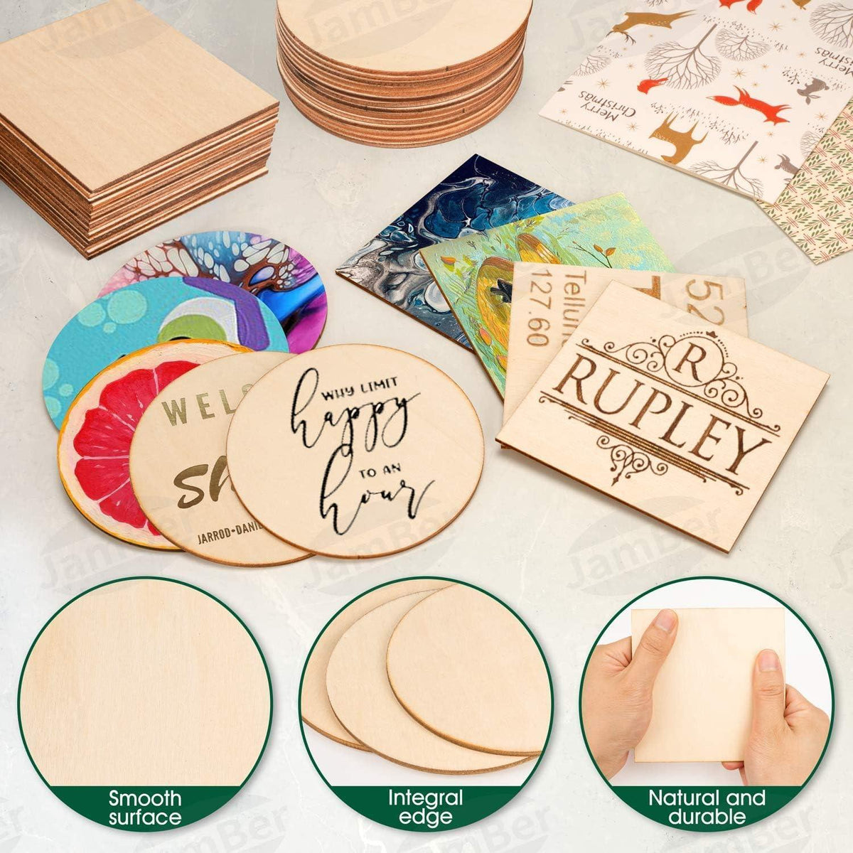 Haoser Combo 40 pcs MDF Art Craft Coaster 4" Inch Square + Round Shape Coasters Plain Wood Blank Cutouts for Tea Coffee Christmas Painting Slice Resin Mandala Arts Work & Decoration | Thickness:2.7 mm - Haoser