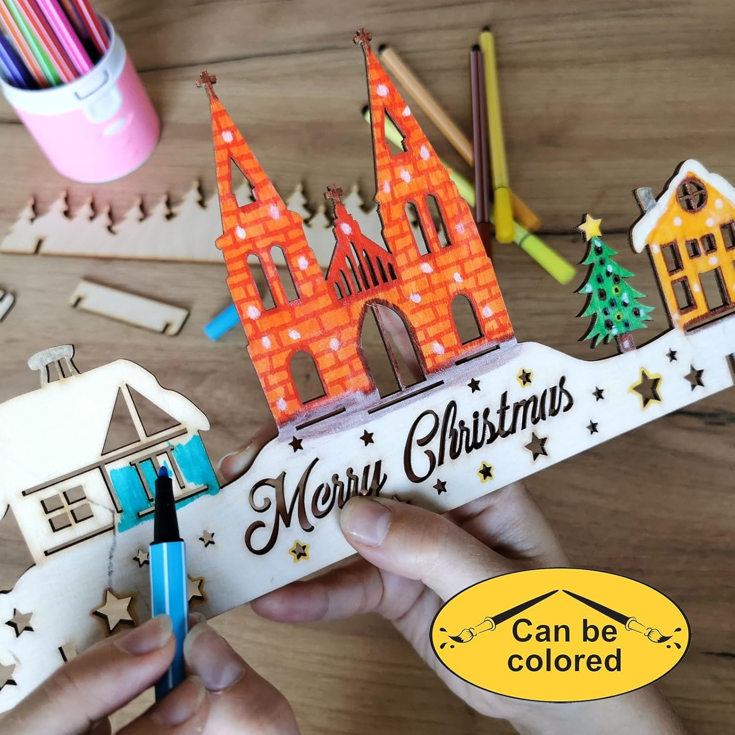 Pine Wood Christmas Village Scene Rustic Winter Town Decoration (11.8 x 6.15 Inch)