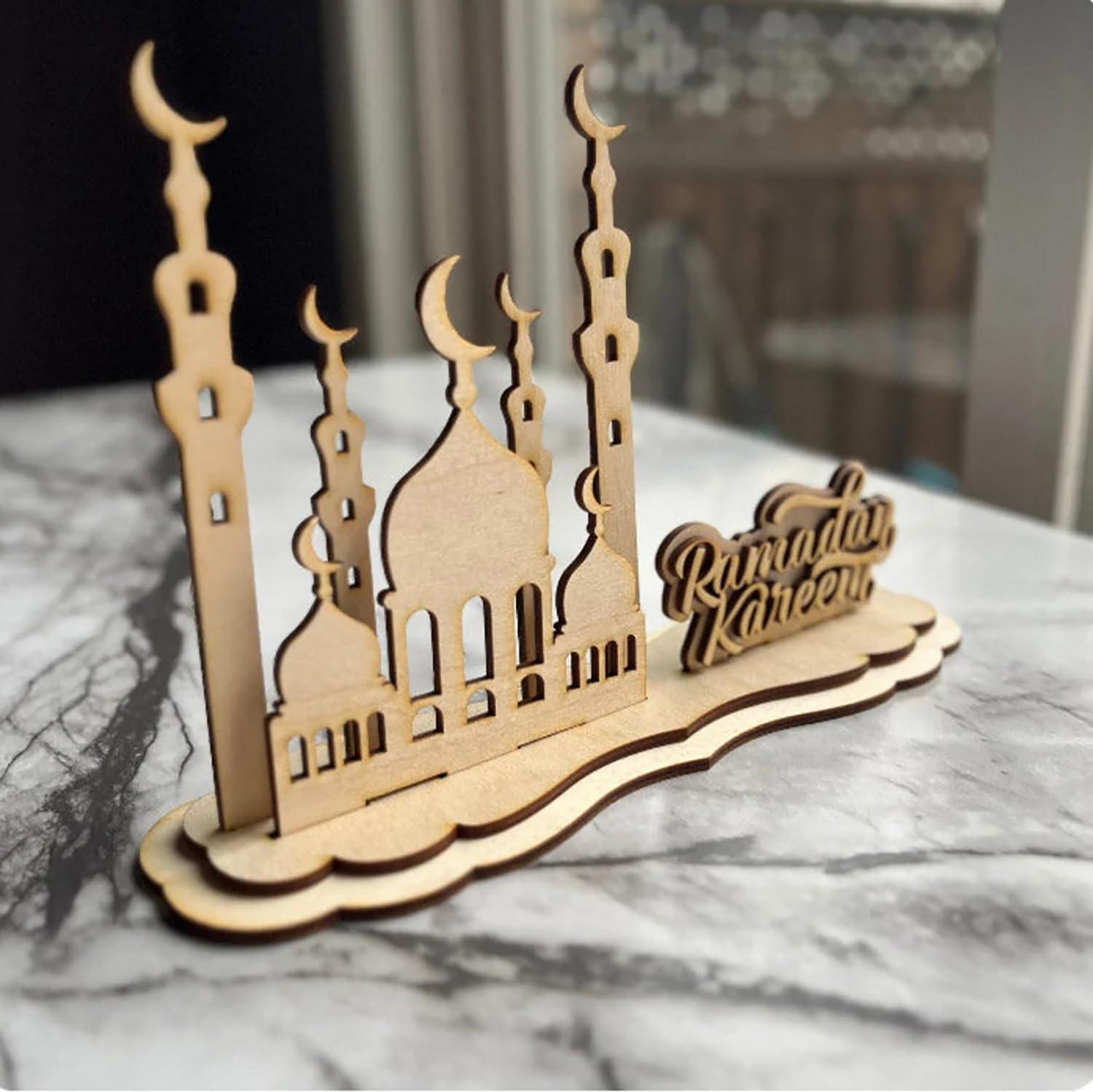 Curious Button Set of 1 Wooden Eid 3D Mosque Home Décor Interchangeable Sign, Eid Mubarak Islamic