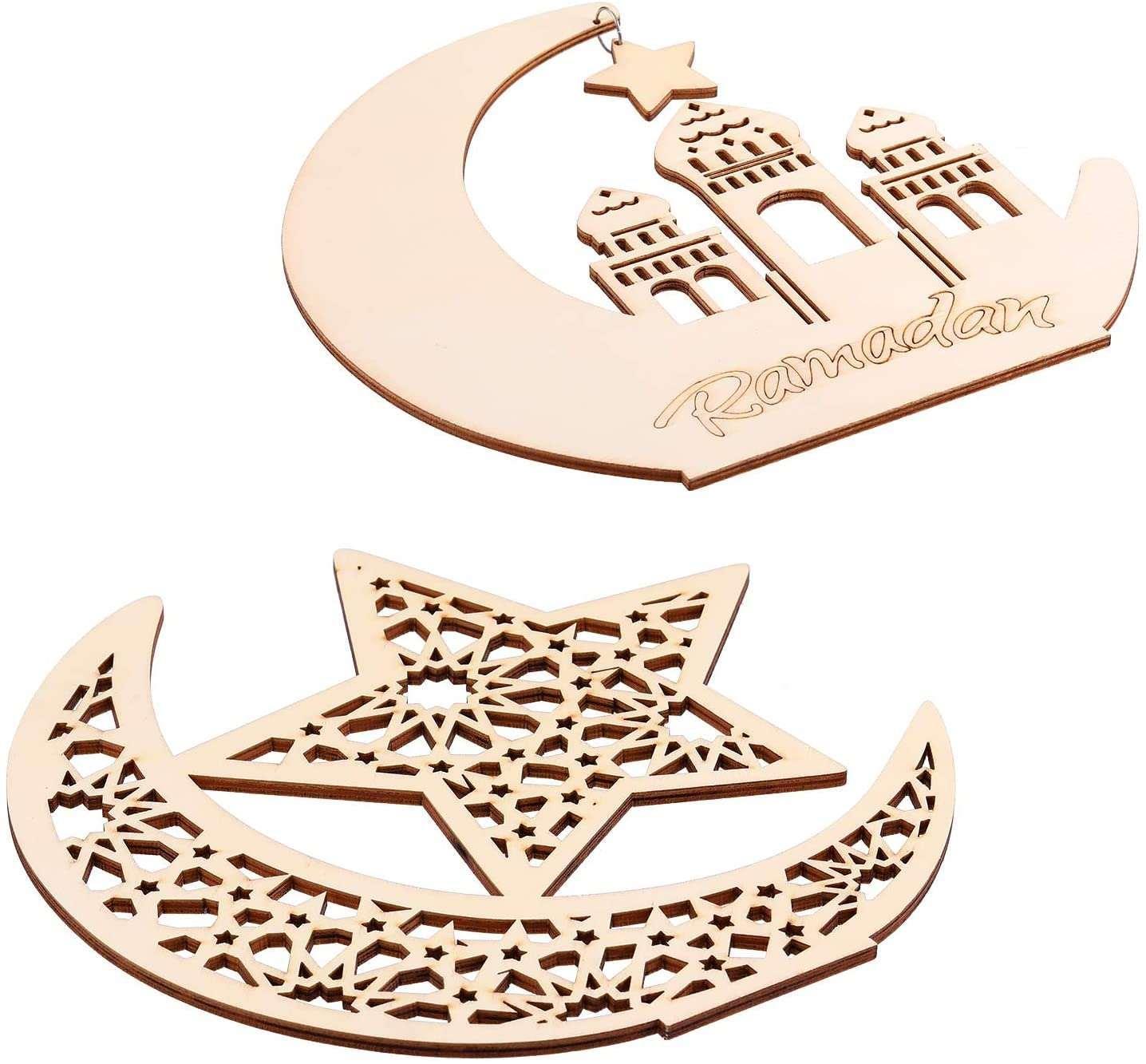 Set of 2 Ramadan Wooden Ornament Eid Hanging Plaque Ornaments Moon Hollow Star Ornament for Ramadan Eid Mubarak Party Home Room Table Art Craft Decoration. - Haoser