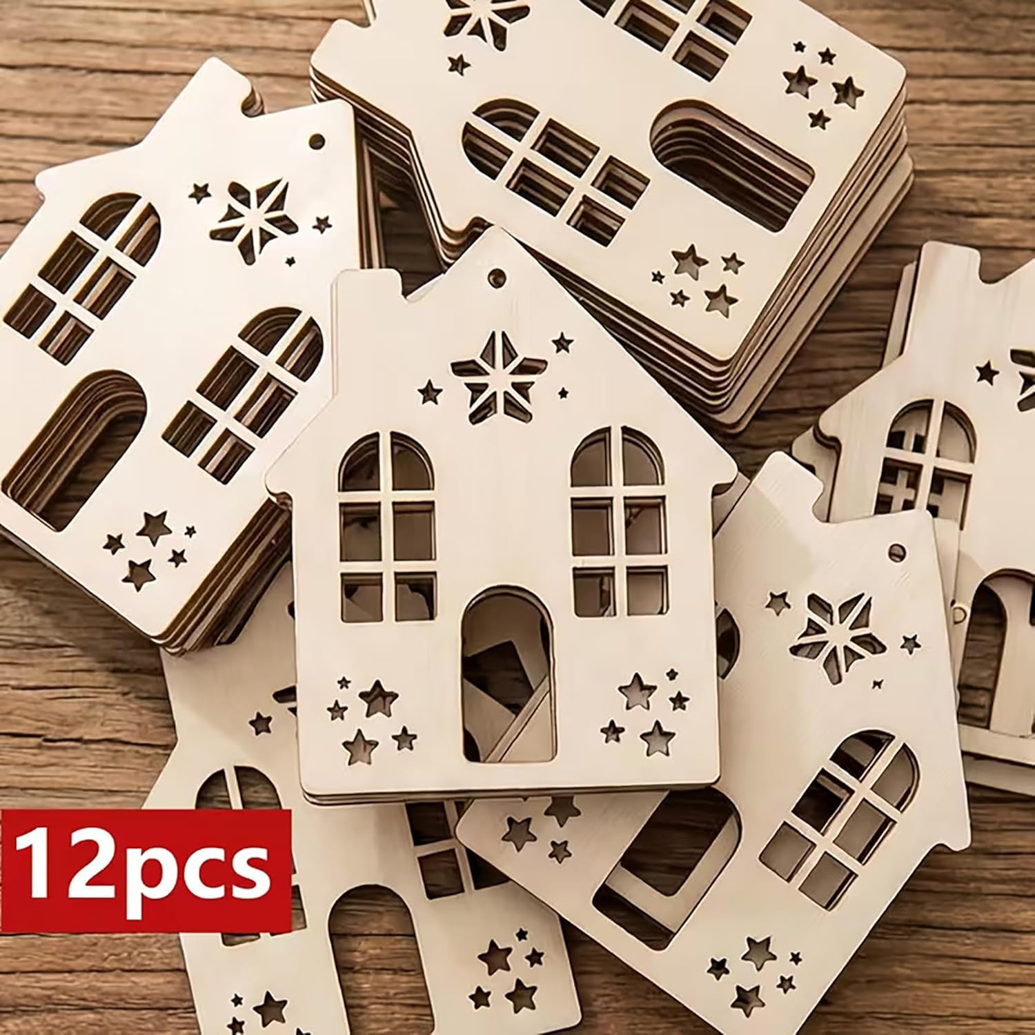 12 Pcs House Shape MDF Wooden Cutouts for DIY Art & Craft | Hanging Base | Mini Wooden Craft Shapes