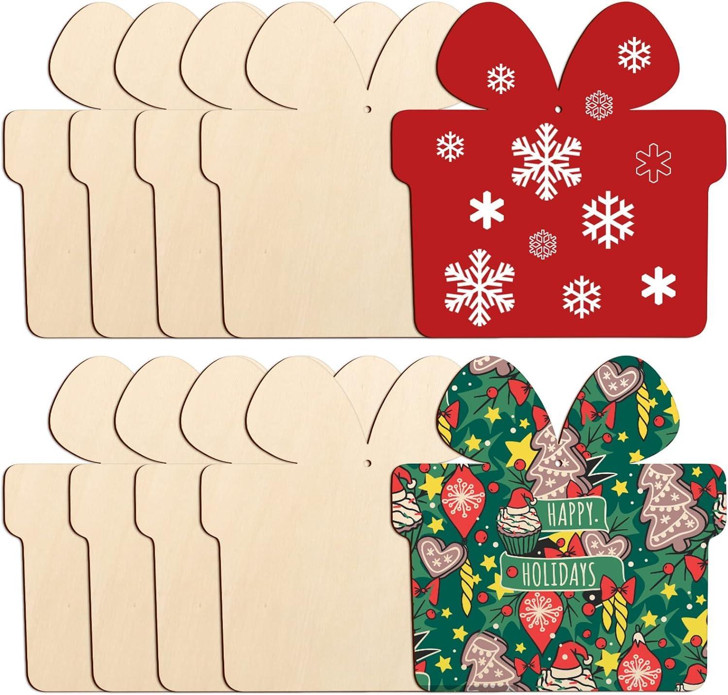 Curious Button 5 Pieces Unfinished Wooden Gift Style Hanging Ornament for DIY Home Decoration, MDF Cutouts, Perfect Wooden Cutouts for Home Decor, Charming Wooden Hanging Ornaments (7x7IN) - Haoser