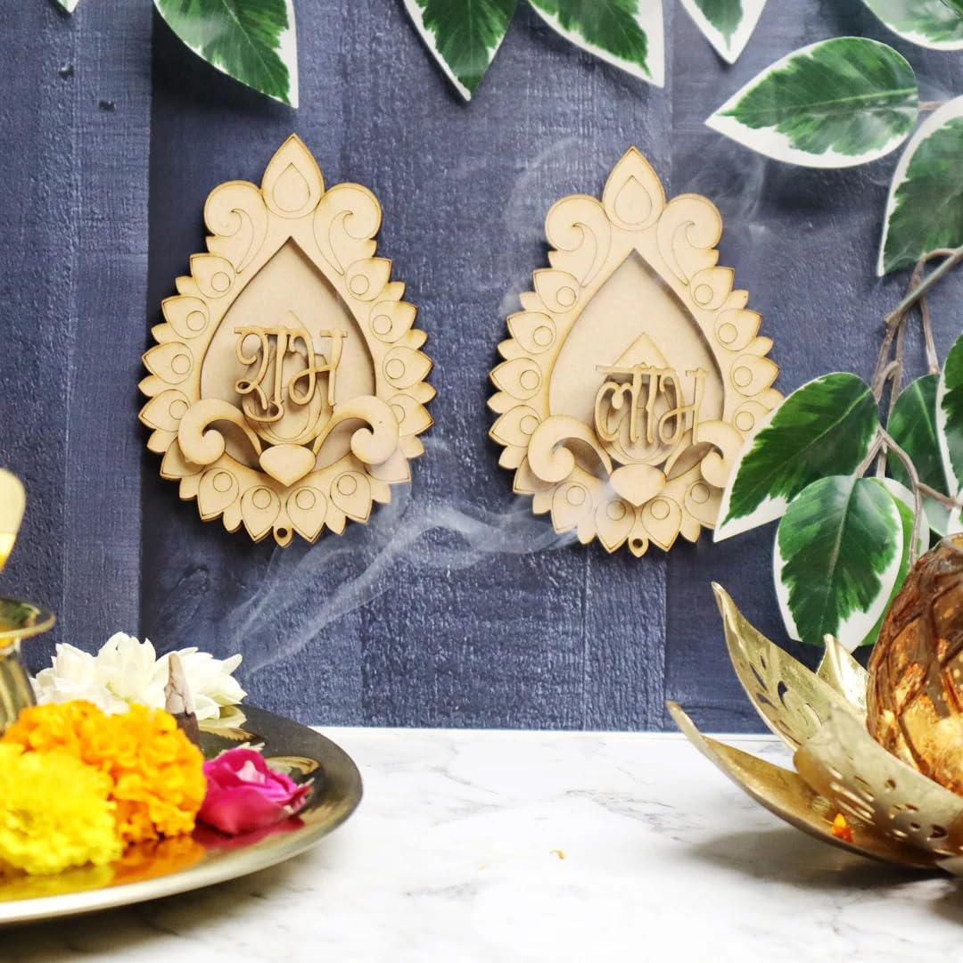Pair of 6 Wooden Shubh Labh for Diwali Decor – 6 Shubh 6 Labh MDF Cutouts Wall Hanging Pooja Festival Decoration, 4x3.15 Inch