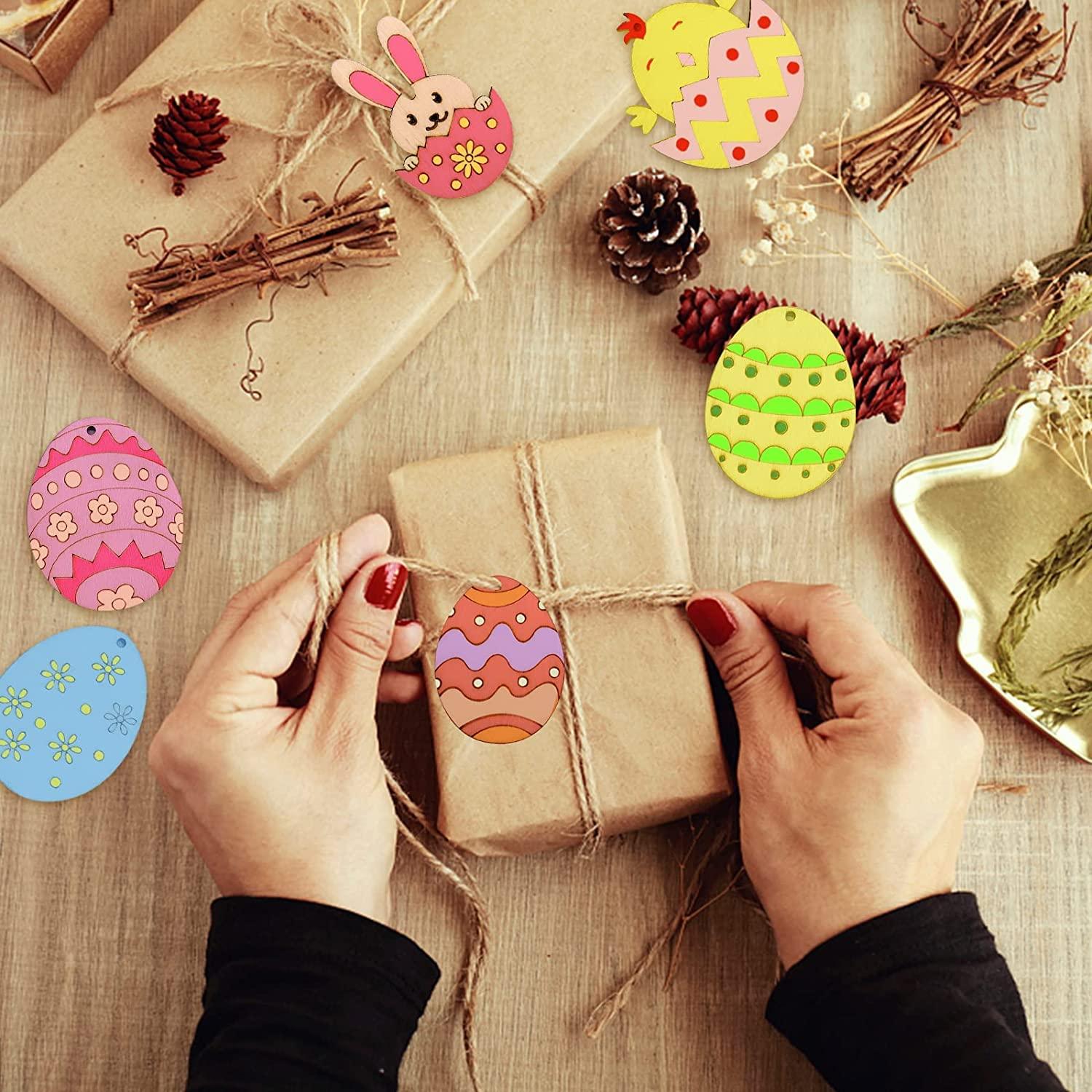 Haoser 12 Pieces Easter Egg Wooden Cutout Unfinished Wood Egg Slices Easter Wooden DIY Paint Crafts Hanging Embellishment with Twines for Easter Party Kids Painting Home Crafts Decorations Supplies - Haoser