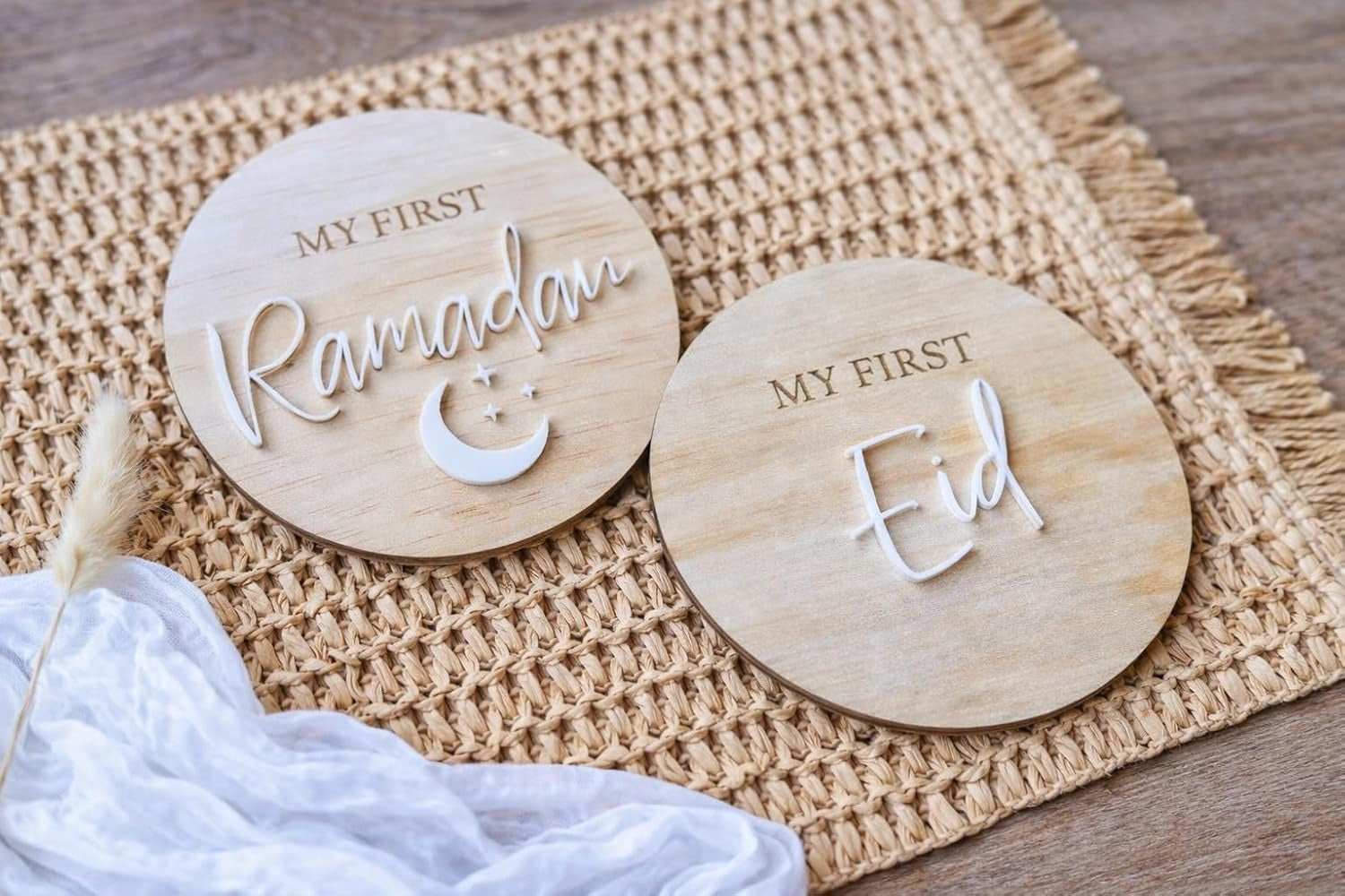 Pack of 2 My First Ramadan & My First Eid Plaque – Baby’s First Ramadan Sign, Islamic Baby Announcement Decor, Wooden Eid Photo Prop, Newborn Muslim Gift – 4 Inch