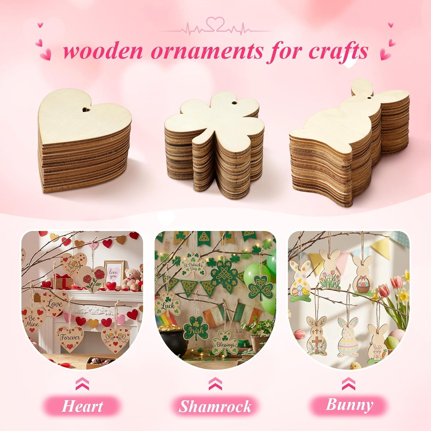 12 Pcs Wooden Holiday Cutouts Set for DIY Painting – Shamrock, Bunny & Heart Ornaments