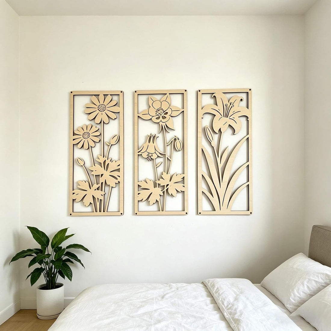 Set of 3 Wooden Floral Wall Art Panels | Minimalist Boho Flower Wall Decor