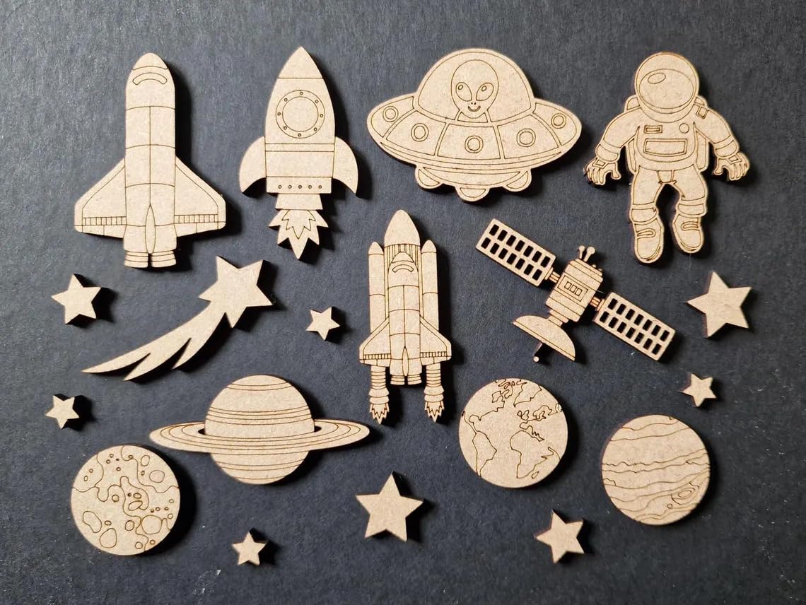 Set of 20 Wooden Space Themed Laser Cut MDF Shapes – Rockets, Planets, UFO, Spaceman, Comet, Satellite, Stars for DIY Crafts