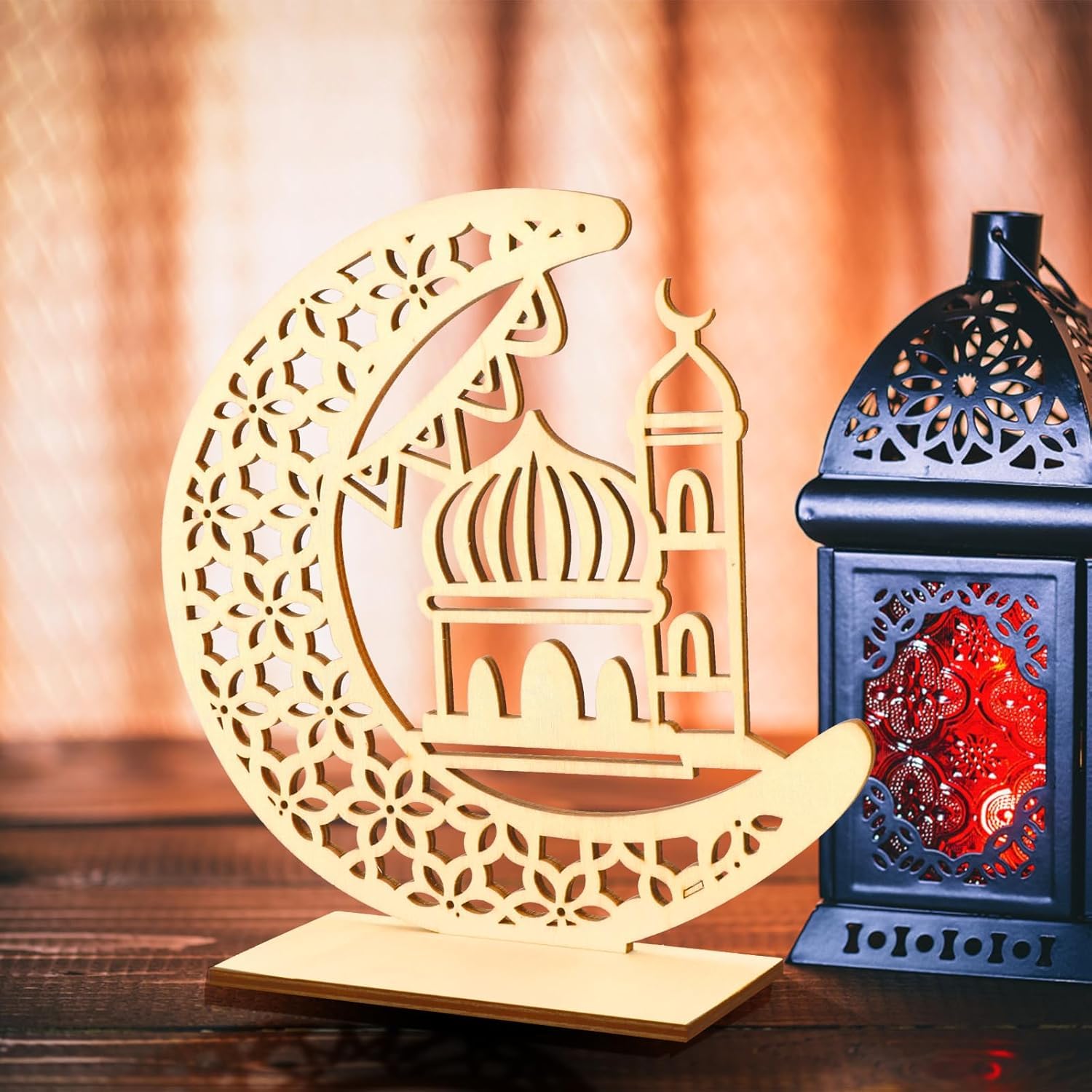 Eid Mubarak Wooden Ornaments – Ramadan Kareem 3D Hollow Moon & Star MDF Decor