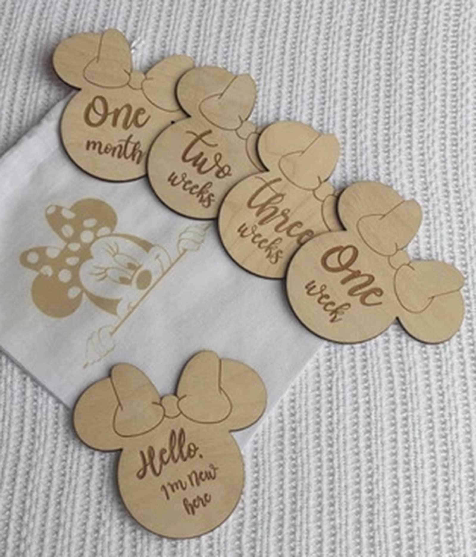 Haoser Wooden Baby Milestone Discs//Minnie Baby Milestone Discs//Baby Milestone Wood Card Set//Engraved Wooden Monthly Baby Milestone - Haoser