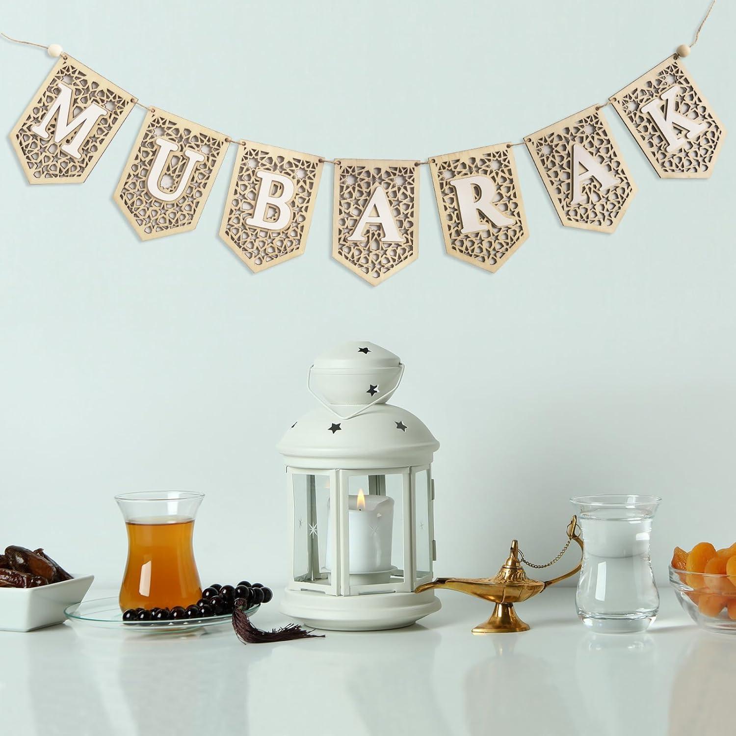 Haoser Ramadan Banner Decorations for Home 2024 Eid Mubarak Wooden Sign Ramadan/Eid Banner, Islamic Decor, Eid Mubark Decorations for Home,Islamic Muslim Mosque Door Fireplace Decor Ramadan Gifts - Haoser