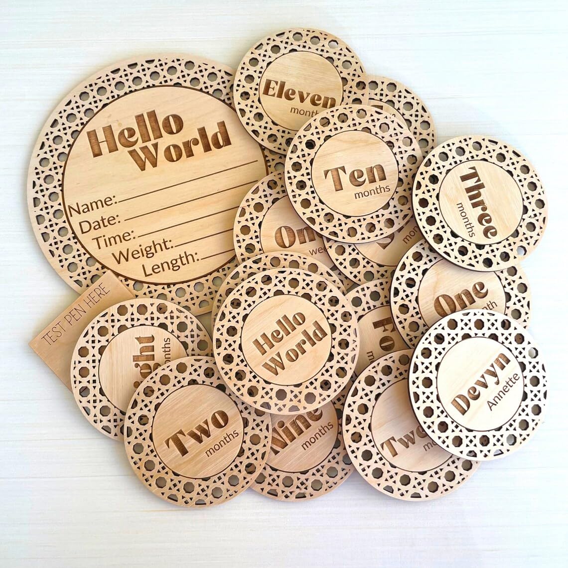Pack of 14 Boho Baby Monthly Milestone Cards, Wooden Photo Props