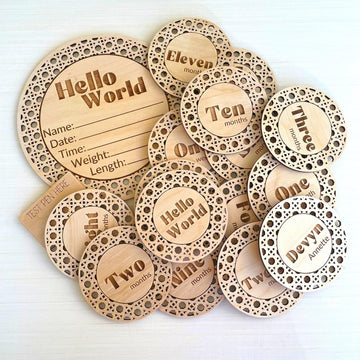 Pack of 14 Boho Baby Monthly Milestone Cards, Wooden Photo Props