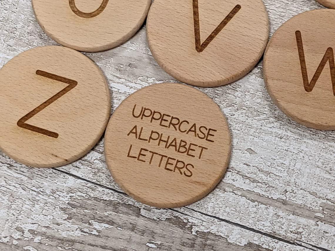 Haoser Alphabet A-Z Uppercase Lowercase Discs and Tokens - Montessori Toys - Flashcards - Wooden Toy - Learning Discs - Story Discs Play - Haoser