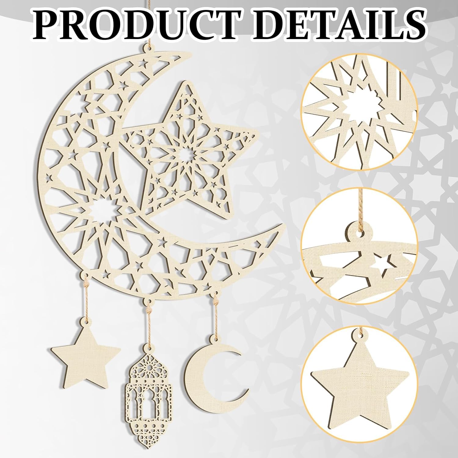 Curious Button Set of 2 Pieces Eid Mubarak Door Sign Wooden Hanging Signs, Ramadan Kareem Hollow Ornament Decorations Moon and Stars, Moon Shape Ramadan Mubarak Party.