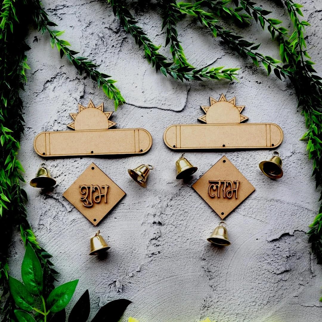 Pair of 6 MDF Hanging Shubh Labh for Diwali Decoration – 2 Layered, 6 Shubh 6 Labh Door Hanging Cutouts for Home Pooja Temple Decor 4x3.15 Inch