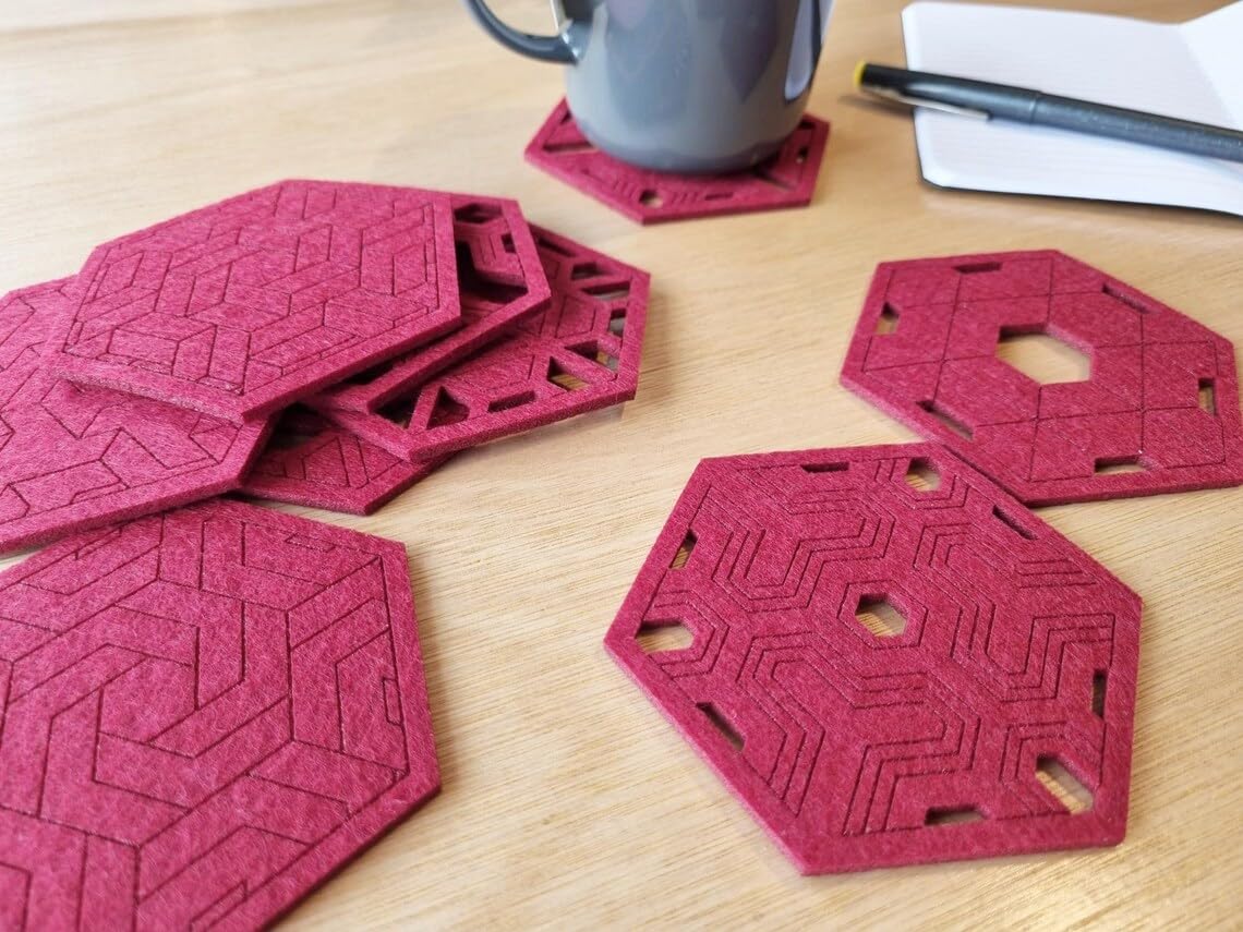Geometric Felt Coasters – Set of 9 Red Hexagonal Felt Coasters | 4 Inch, Modern Drink Coasters for Table Decor & Furniture Surface Protectio