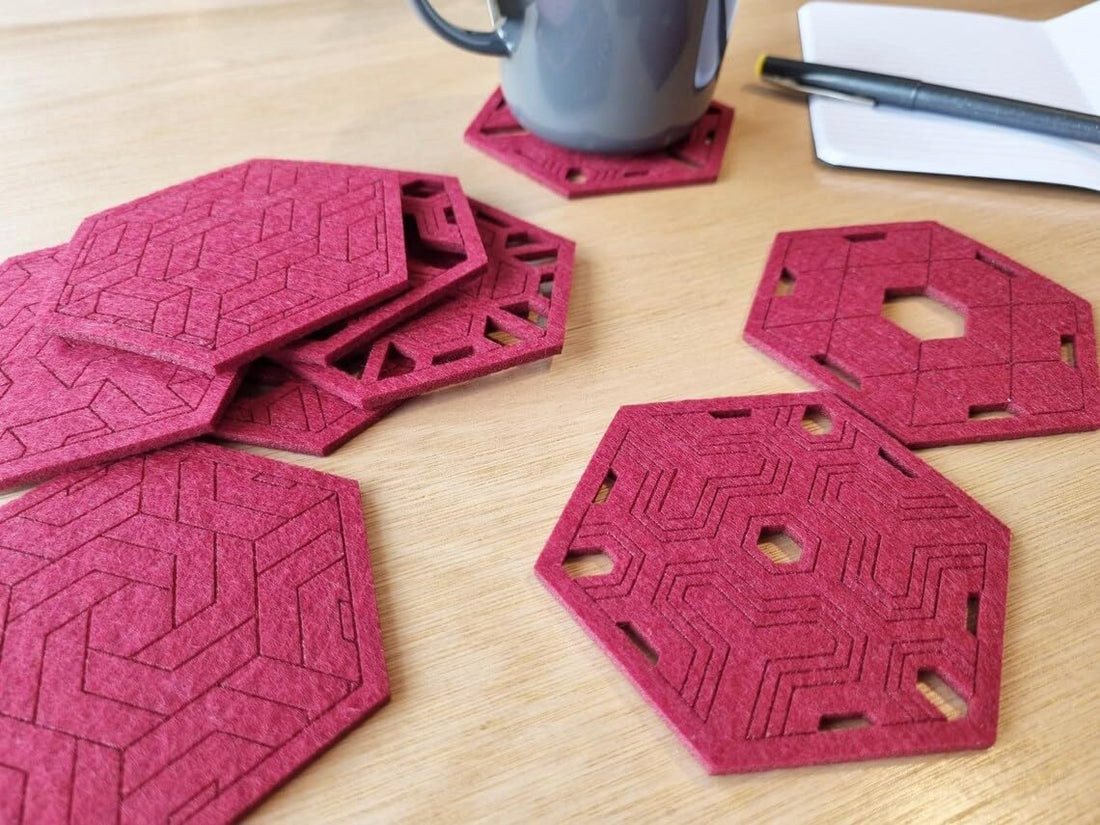 Geometric Felt Coasters – Set of 9 Red Hexagonal Felt Coasters | 4 Inch, Modern Drink Coasters for Table Decor & Furniture Surface Protectio