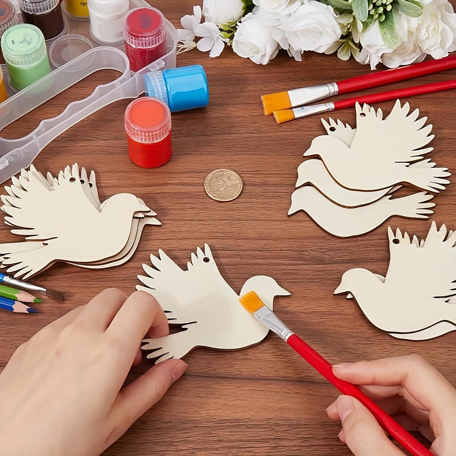 20 Pcs Flying Bird Wooden Cutouts – MDF Peace Dove Shape Hanging Tags