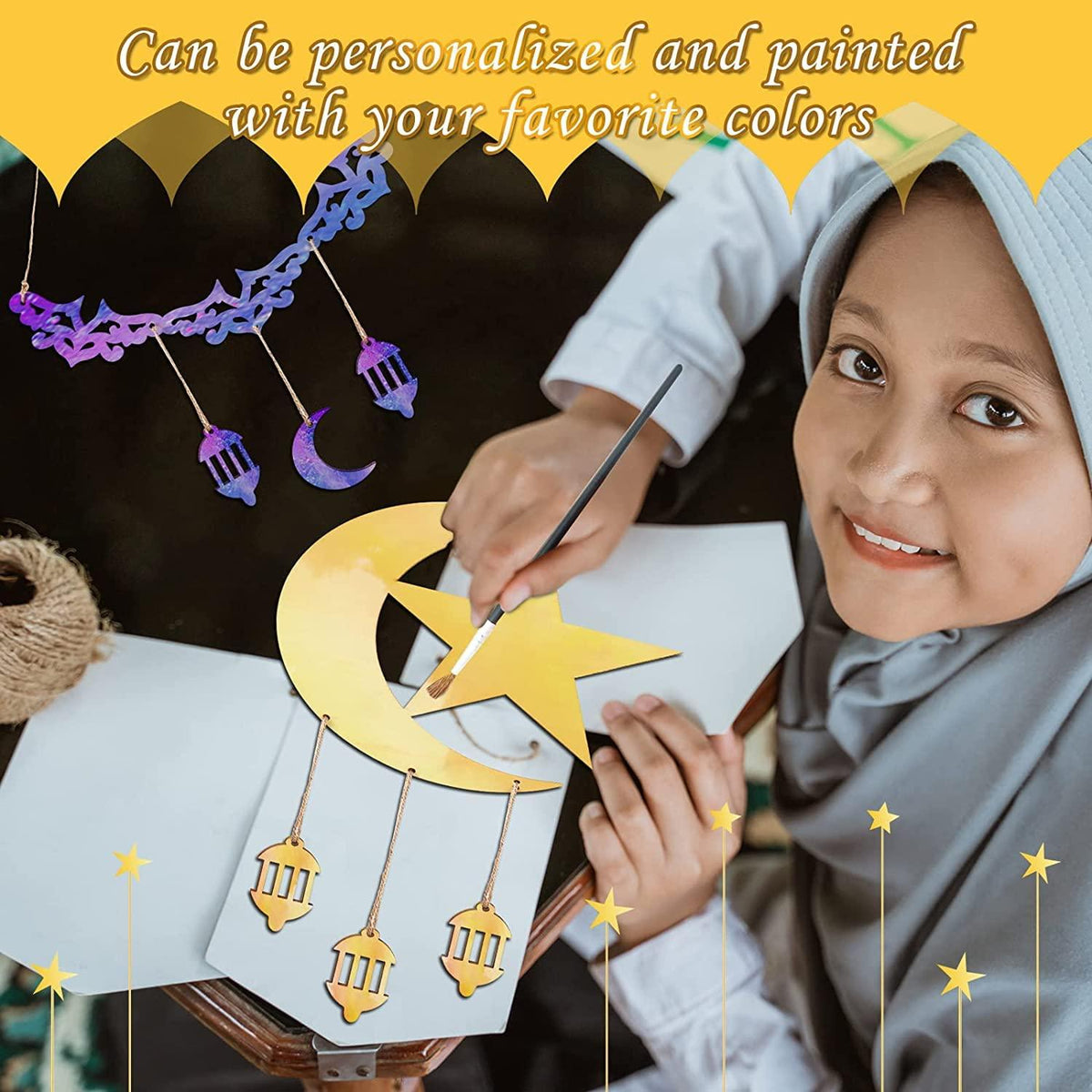 Haoser Illuminate Your Celebrations: Haoser 2-Piece Eid Mubarak Wooden Ornaments - Moon and Stars Decorations for Ramadan Kareem Eid Mubarak Home Decor Party Supplies - Haoser