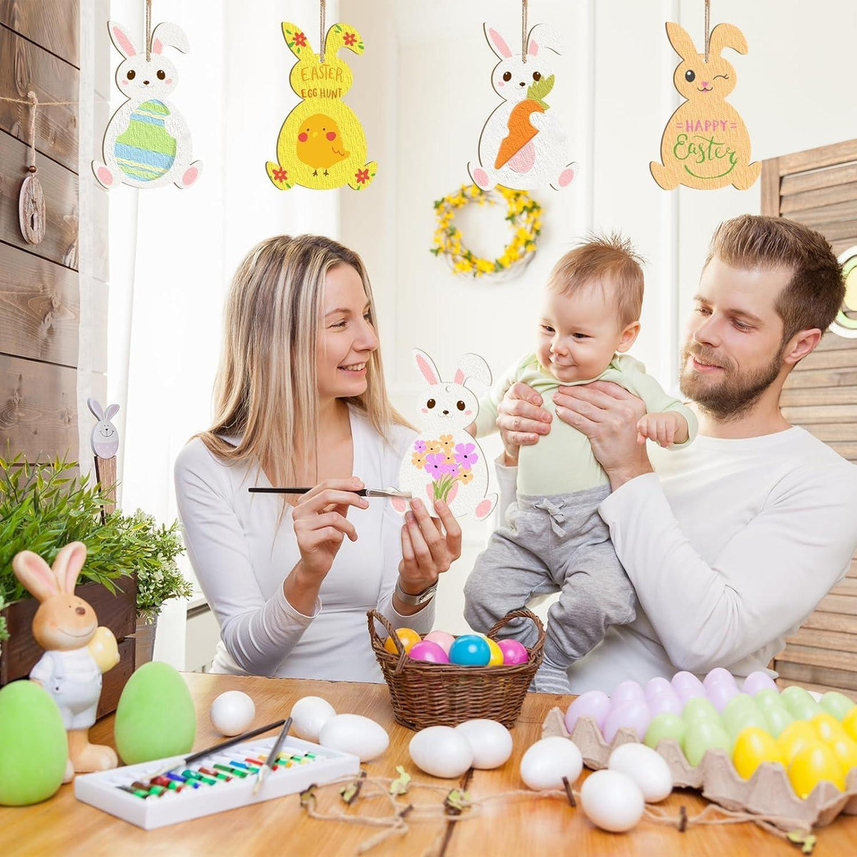 Curious Button 5 Pieces Unfinished Wooden 4Rabbit Style Hanging Ornament for DIY Home Decoration, MDF Cutouts, Perfect Wooden Cutouts for Home Decor, Charming Wooden Hanging Ornaments (7x4.5IN) - Haoser