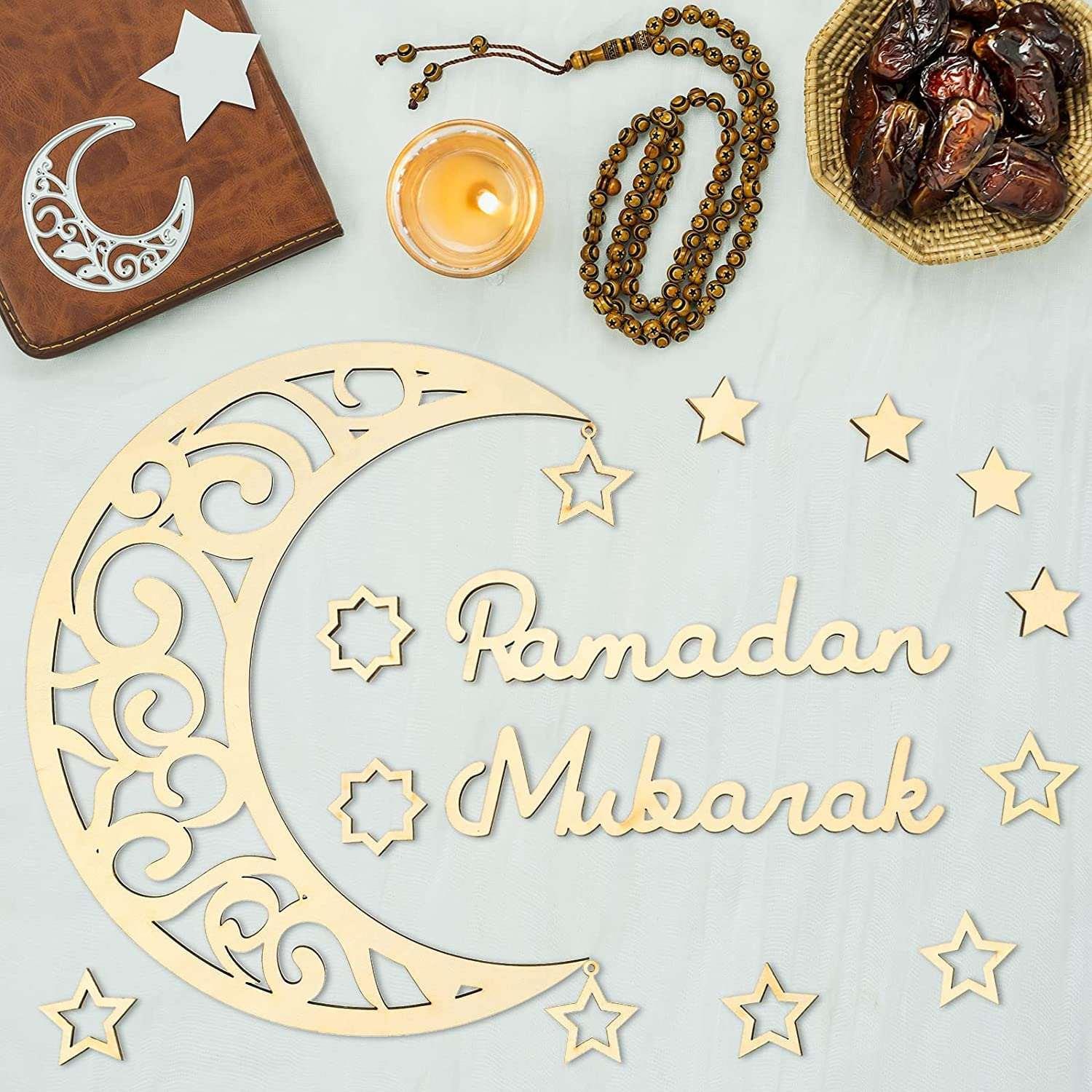 Haoser 15 Pieces Ramadan Decoration Eid Wall Decor Wooden Moon Star Ornament Ramadan Mubarak Sign,Ramadan Decorations for Home - Ramadan Decor - Haoser