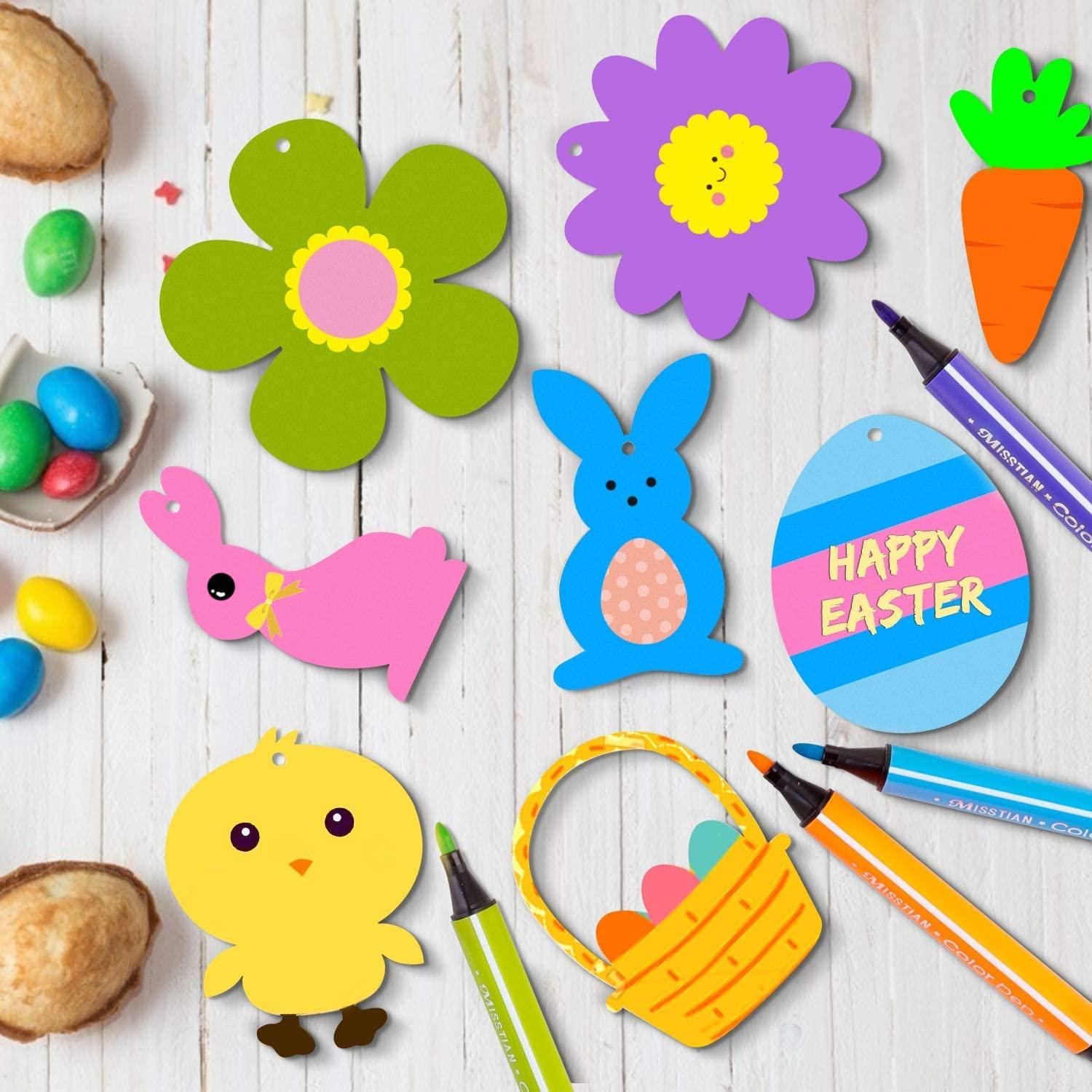 Haoser 24Pcs Easter Wood Cutouts Unfinished Wooden Hanging Ornaments Easter Crafts for Kids Includes Egg Bunny Basket Chick Carrot Flower - Haoser