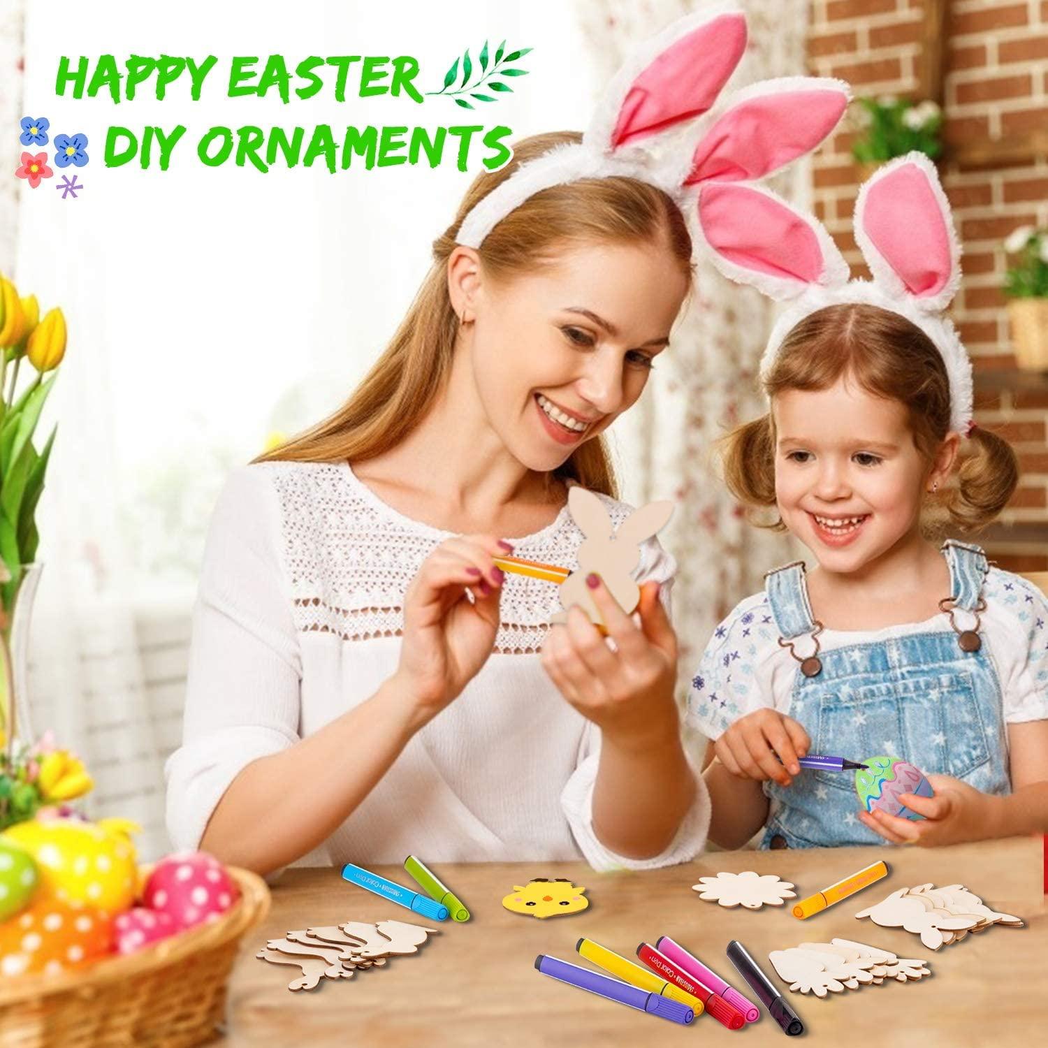 Haoser 24Pcs Easter Wood Cutouts Unfinished Wooden Hanging Ornaments Easter Crafts for Kids Includes Egg Bunny Basket Chick Carrot Flower - Haoser