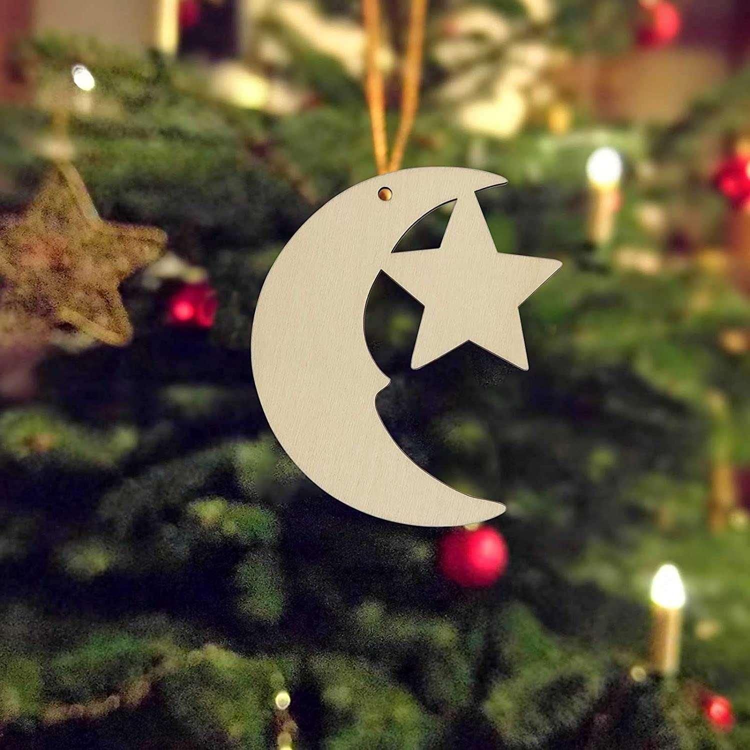 Haoser 10 Pack eid Moon décor,Stars and Moon Decoration, Wooden Moon Star Shaped Hanging Ornaments with Hole for Ramadan Decoration - Haoser