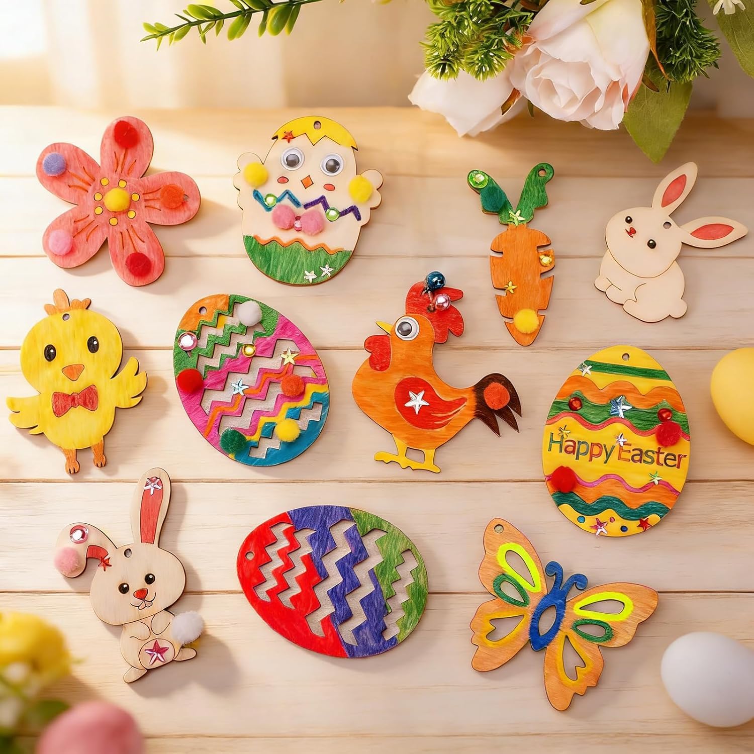 10 PCS Easter Crafts for Kids – Wooden Bunny Cutouts Painting Kit (3.1 x 2.3 inch) | DIY Easter Bunny Art & Craft Set