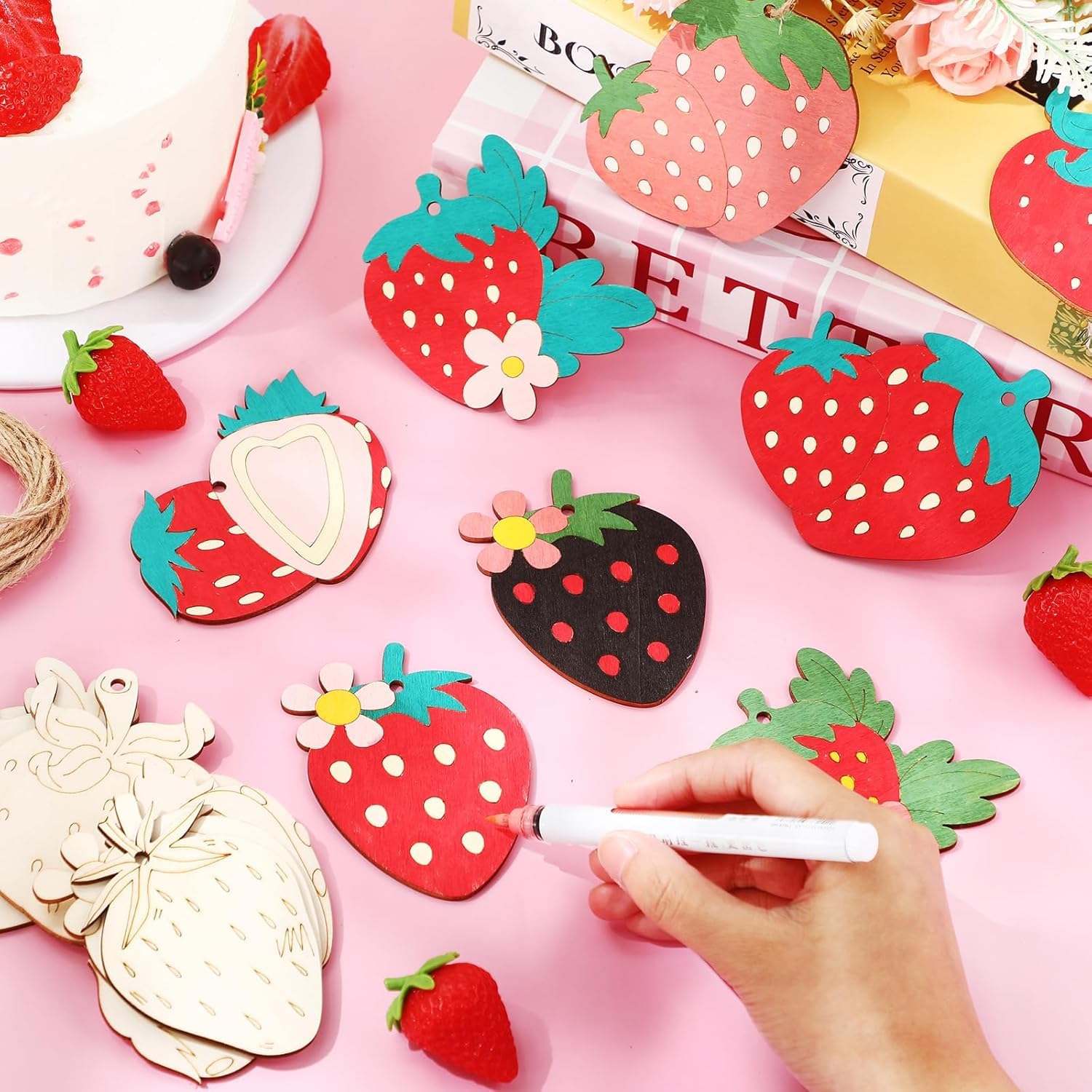 24 Set Strawberry Wooden Craft Kit | DIY Paint Your Own Fruit Kit with Twine | Unfinished Wooden Strawberry Ornaments