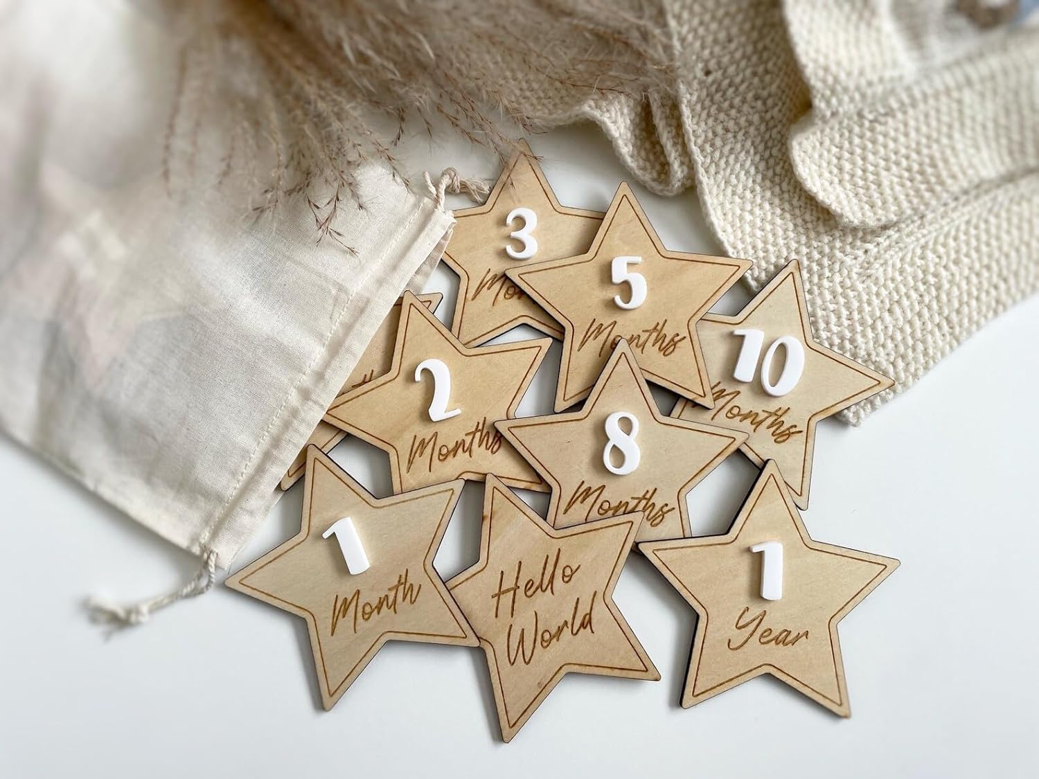 13 Pcs Wooden Star Baby Monthly Milestone Discs Set | Hello World Newborn Photo Props