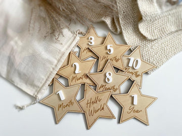 13 Pcs Wooden Star Baby Monthly Milestone Discs Set | Hello World Newborn Photo Props