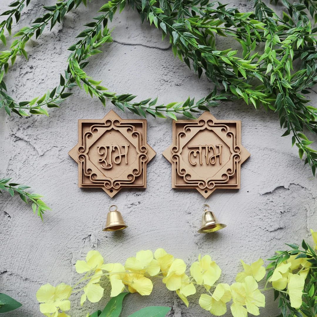Pair of 6 MDF Hanging Shubh Labh for Diwali Decoration – 2 Layered, 6 Shubh 6 Labh Door Hanging Cutouts for Home Pooja Temple Decor 4x3.15 Inch