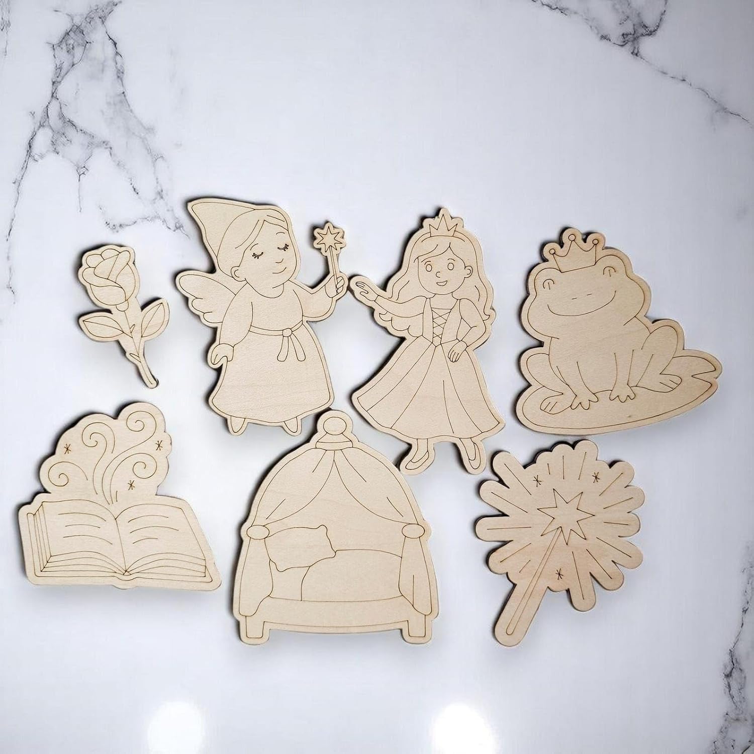 7 Pcs Wooden Fairy Tale Coloring Kit for Kids | Princess, Magic Wand, Frog DIY Craft Set