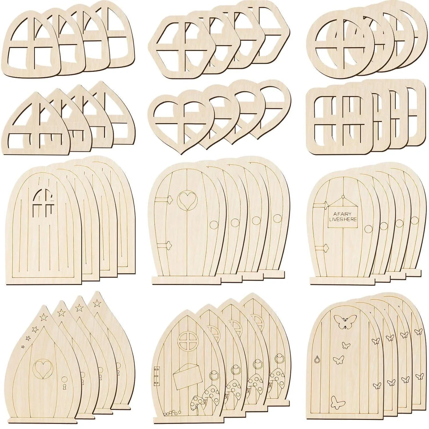 Haoser 48 Pcs Fairy Door Wooden Garden Doors Craft Mini Window Fairy House DIY Kit Unfinished Miniature Door Unpainted Fairy Window Accessories for Wall Home Party Decoration (Delicate Style) - Haoser
