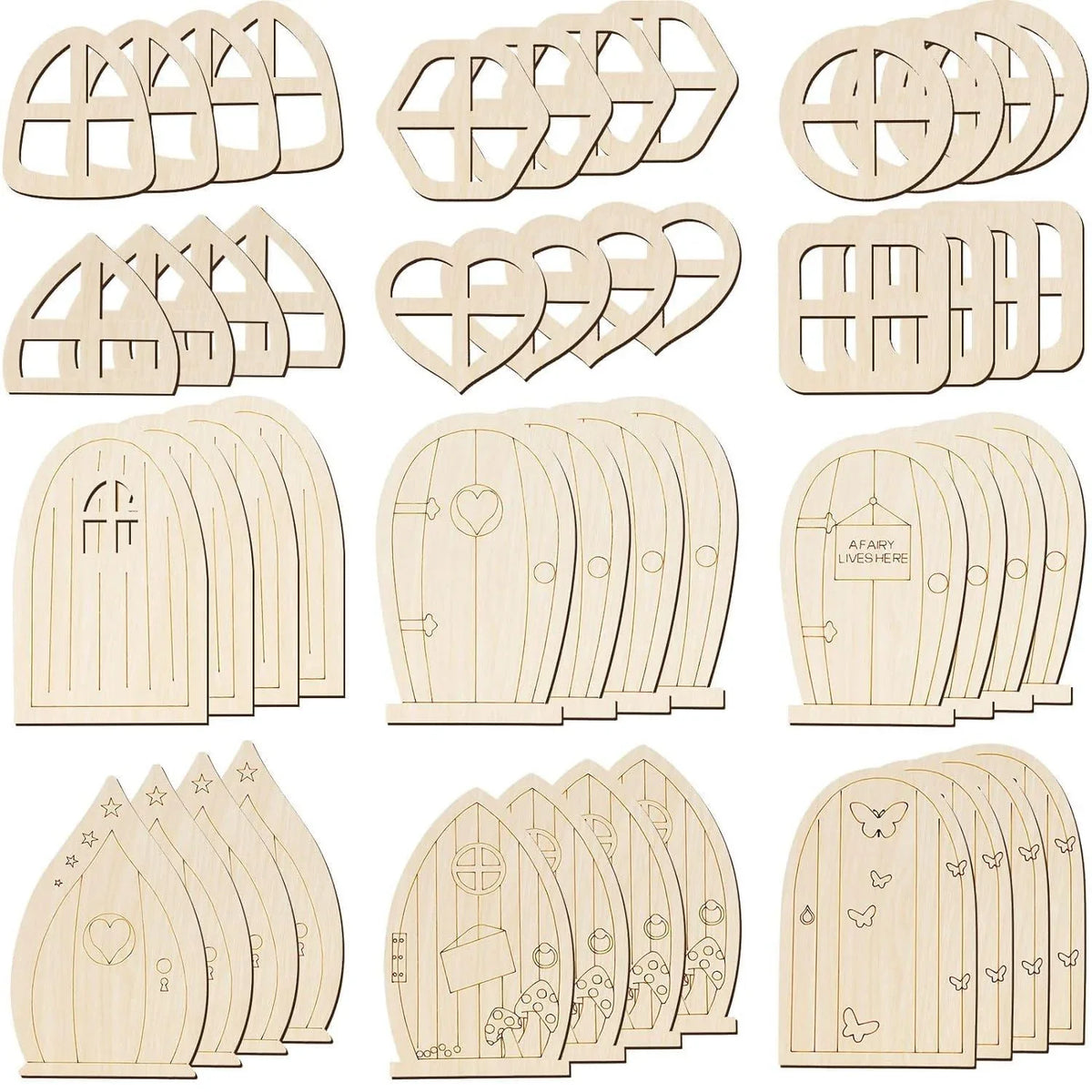 Haoser 48 Pcs Fairy Door Wooden Garden Doors Craft Mini Window Fairy House DIY Kit Unfinished Miniature Door Unpainted Fairy Window Accessories for Wall Home Party Decoration (Delicate Style) - Haoser