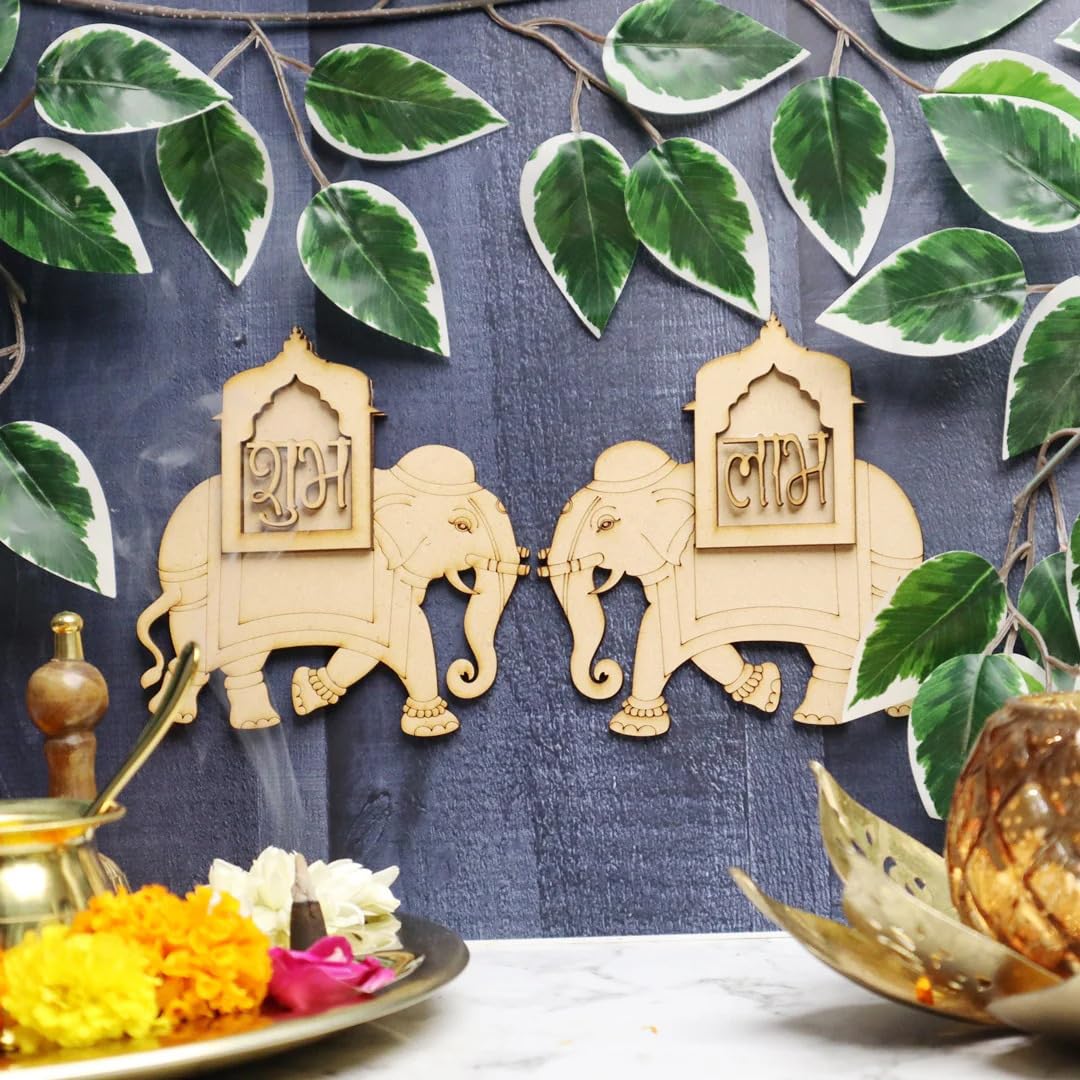 Pair of 6 Wooden Shubh Labh for Diwali Decor – 6 Shubh 6 Labh MDF Cutouts Wall Hanging Pooja Festival Decoration, 4x3.15 Inch