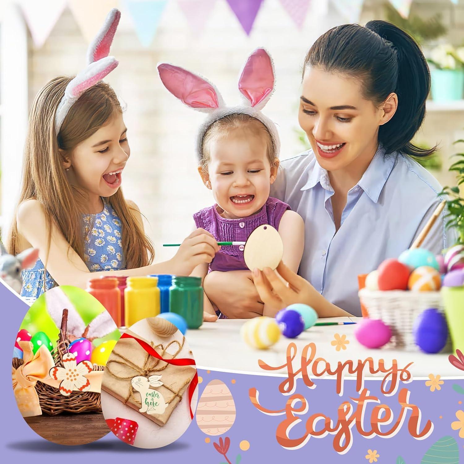 Haoser 18 PCS Wooden Easter Ornaments to Paint, 8 Styles DIY Blank Unfinished Wood Cutouts Ornament for Crafts Hanging Decorations, Egg Rabbit Bunny Butterfly Flower Hen Happy - Haoser