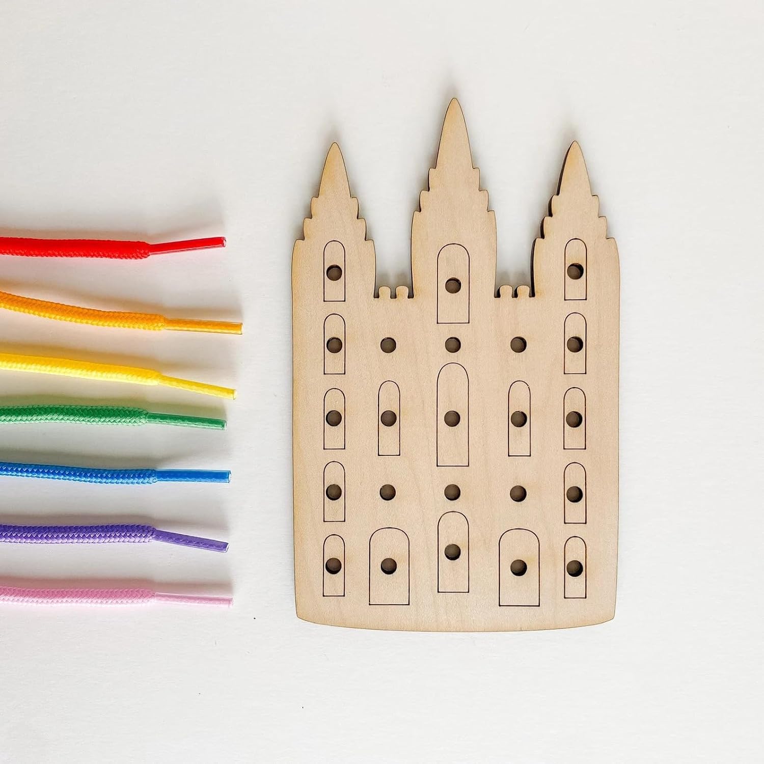 Wooden Temple Lacing Toy for Kids | Montessori Threading Board with Colorful Laces