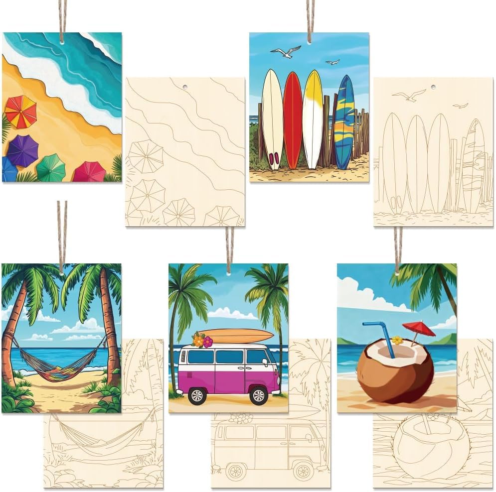15 Pcs Wooden Beach Cutouts for DIY Craft | Unfinished Wood Slices 5.9 x 4.7 Inch