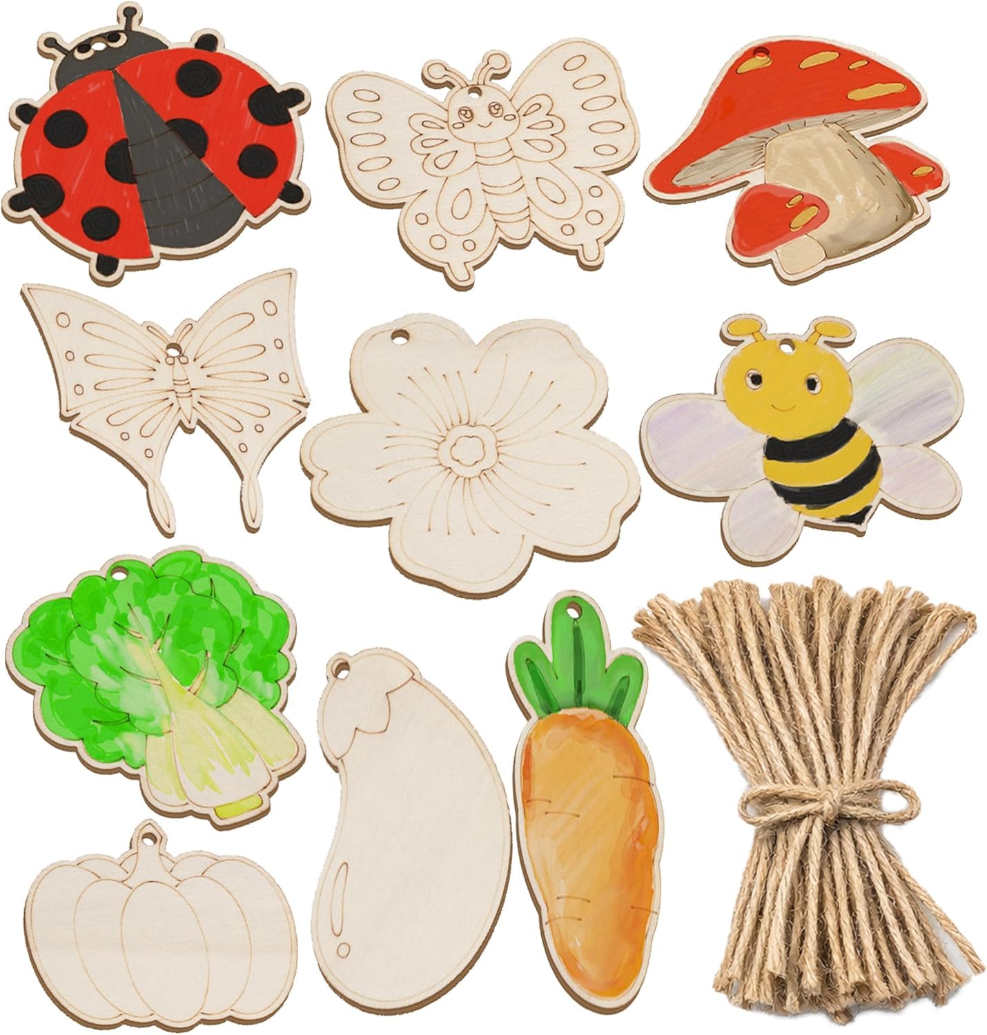 10 PCS Insect Wooden Cutouts for Painting + 10 Jute Twine Strings, Unfinished Butterfly Bee Ladybug Wood Craft